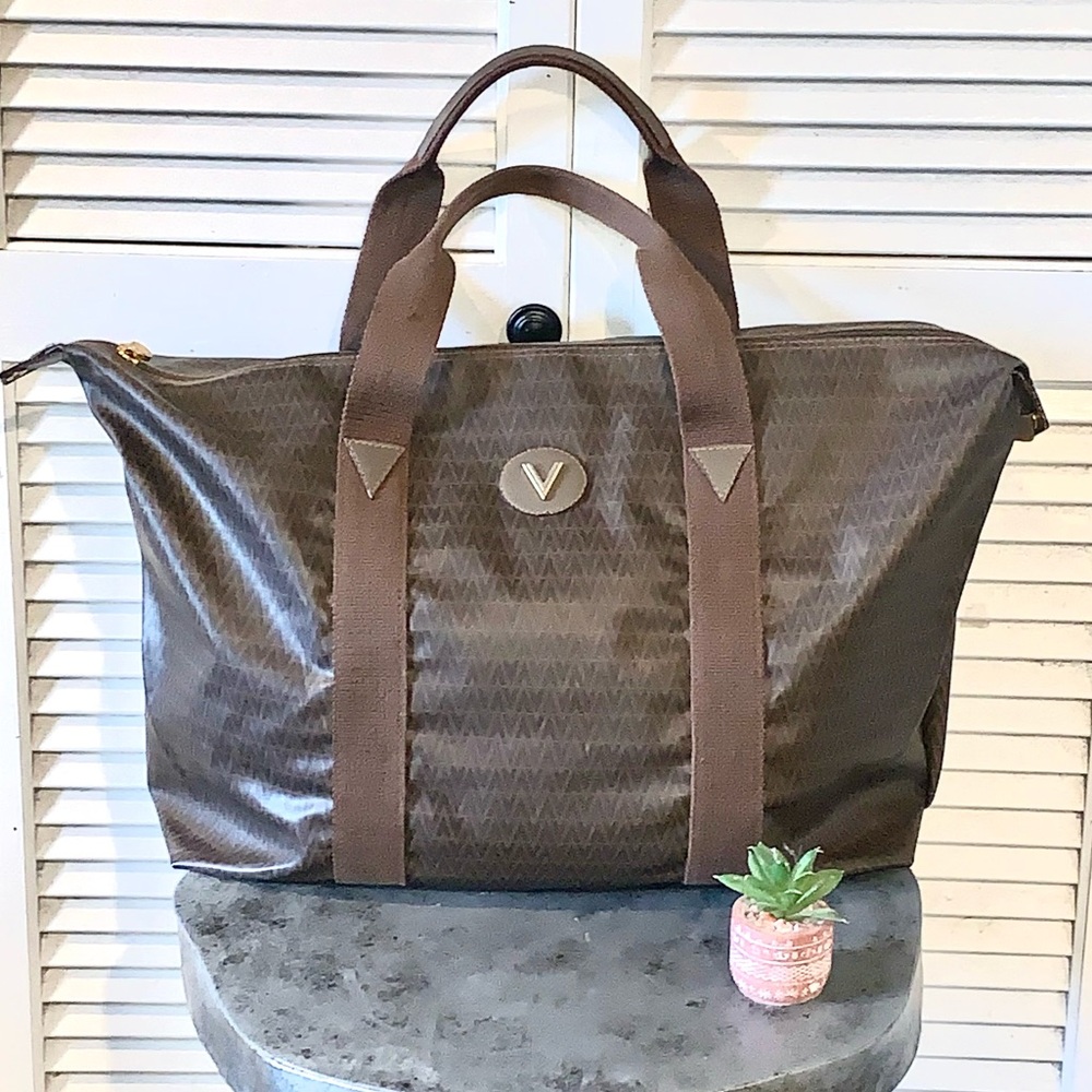 Valentino V Monogram Authentic Brown Coated Canvas Zip Tote Vintage travel bag